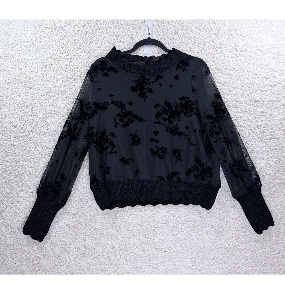 FDJ French Dressing Jeans Sweatshirt Women M Black Excellent Flocked Mesh Floral